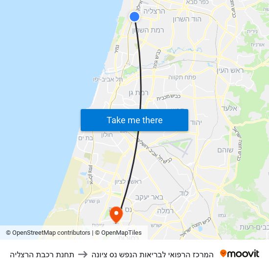 תחנת רכבת הרצליה to המרכז הרפואי לבריאות הנפש נס ציונה map