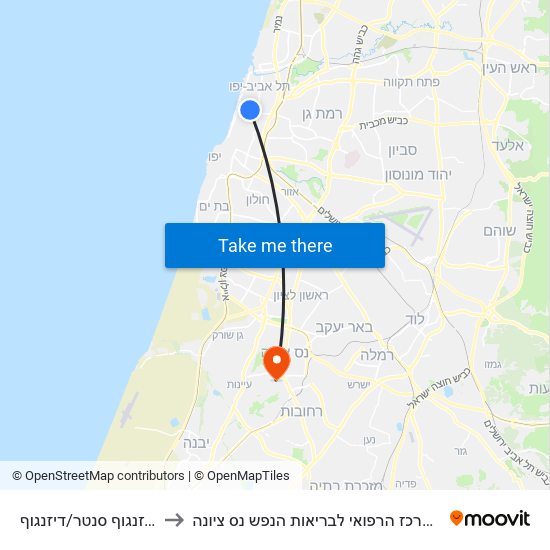 דיזנגוף סנטר/דיזנגוף to המרכז הרפואי לבריאות הנפש נס ציונה map