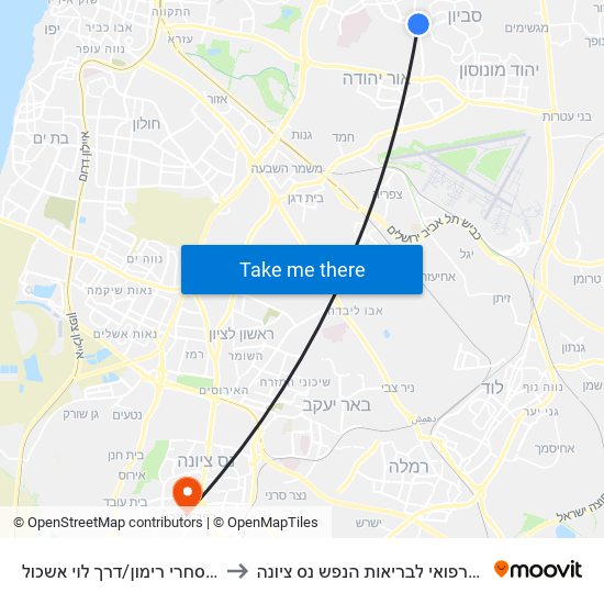 מרכז מסחרי רימון/דרך לוי אשכול to המרכז הרפואי לבריאות הנפש נס ציונה map