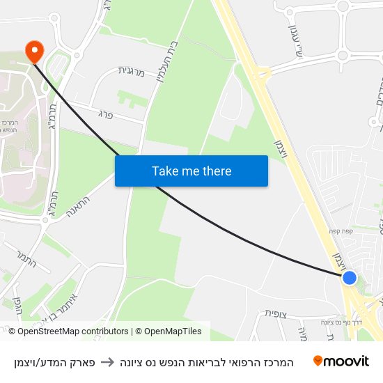 פארק המדע/ויצמן to המרכז הרפואי לבריאות הנפש נס ציונה map