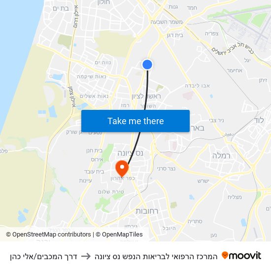 דרך המכבים/אלי כהן to המרכז הרפואי לבריאות הנפש נס ציונה map