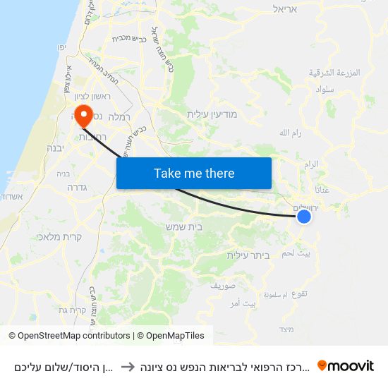 קרן היסוד/שלום עליכם to המרכז הרפואי לבריאות הנפש נס ציונה map