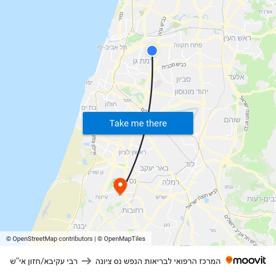 רבי עקיבא/חזון אי''ש to המרכז הרפואי לבריאות הנפש נס ציונה map