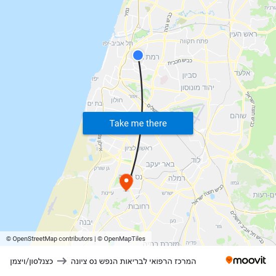 כצנלסון/ויצמן to המרכז הרפואי לבריאות הנפש נס ציונה map