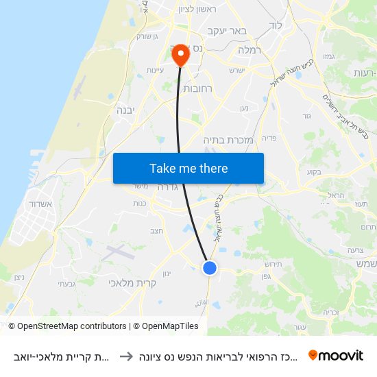 רכבת קריית מלאכי-יואב to המרכז הרפואי לבריאות הנפש נס ציונה map