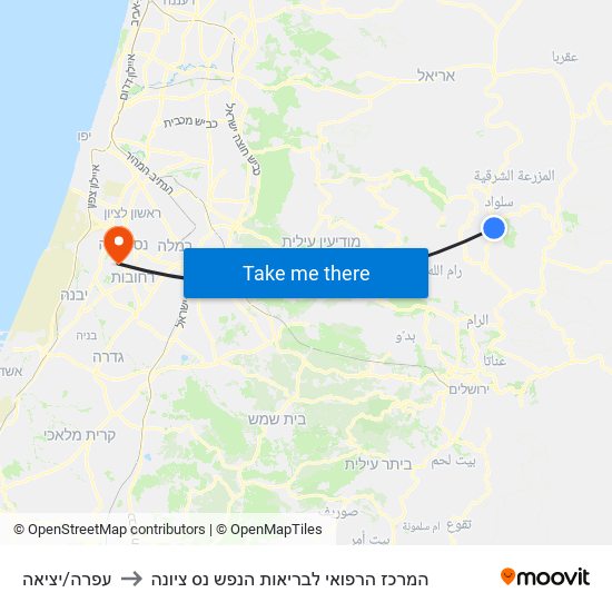 עפרה/יציאה to המרכז הרפואי לבריאות הנפש נס ציונה map