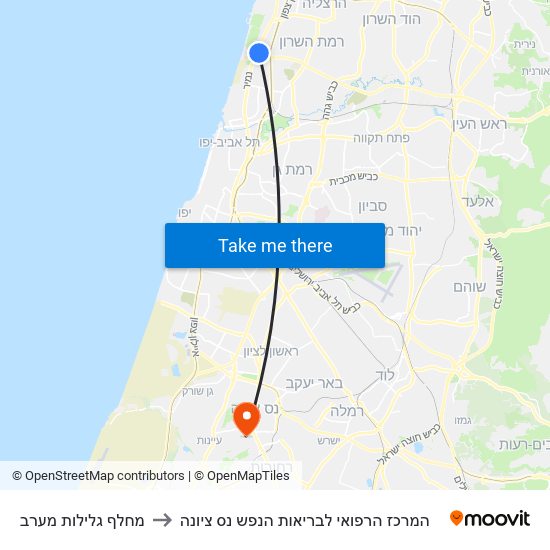 מחלף גלילות מערב to המרכז הרפואי לבריאות הנפש נס ציונה map