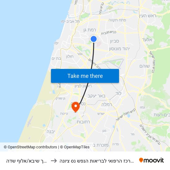 דרך שיבא/אלוף שדה to המרכז הרפואי לבריאות הנפש נס ציונה map