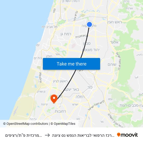 ת. מרכזית פ''ת/רציפים to המרכז הרפואי לבריאות הנפש נס ציונה map