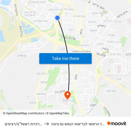 ת. מרכזית ראשל''צ/רציפים to המרכז הרפואי לבריאות הנפש נס ציונה map