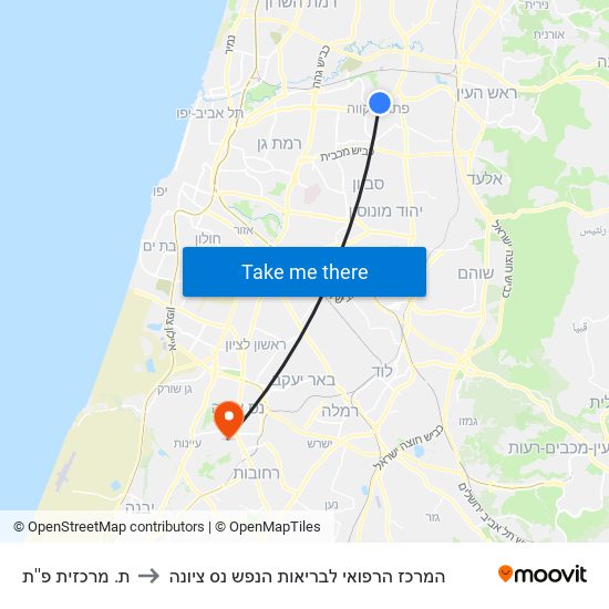 ת. מרכזית פ''ת to המרכז הרפואי לבריאות הנפש נס ציונה map