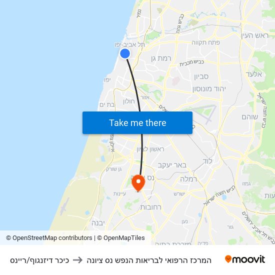 כיכר דיזנגוף/ריינס to המרכז הרפואי לבריאות הנפש נס ציונה map