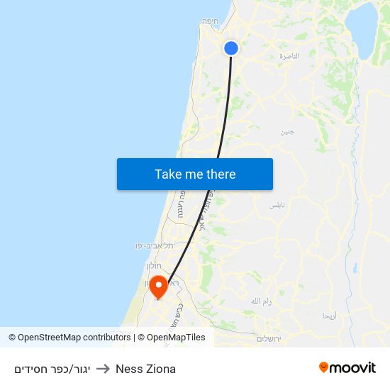 יגור/כפר חסידים to Ness Ziona map