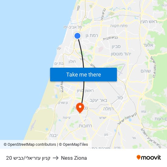 קניון עזריאלי/כביש 20 to Ness Ziona map