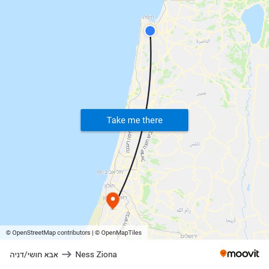 אבא חושי/דניה to Ness Ziona map