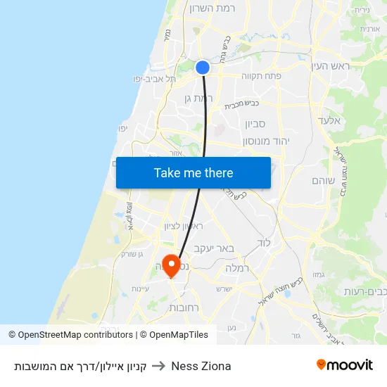 קניון איילון/דרך אם המושבות to Ness Ziona map