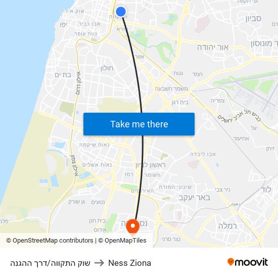 שוק התקווה/דרך ההגנה to Ness Ziona map