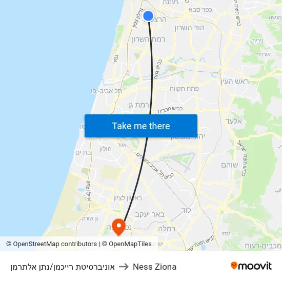 אוניברסיטת רייכמן/נתן אלתרמן to Ness Ziona map