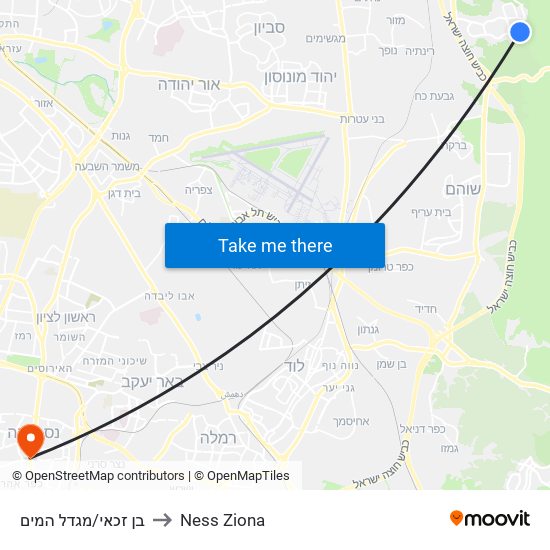 בן זכאי/מגדל המים to Ness Ziona map