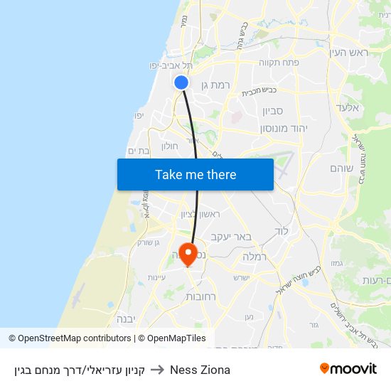 קניון עזריאלי/דרך מנחם בגין to Ness Ziona map