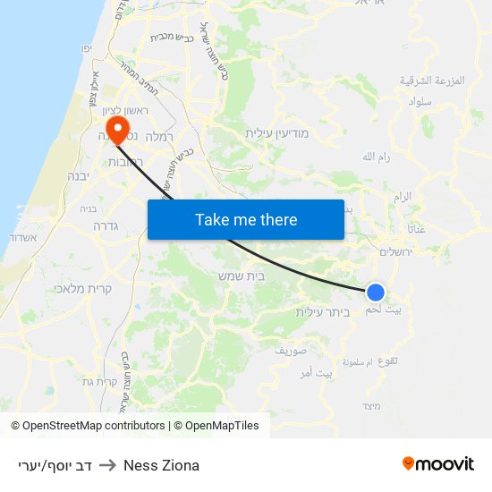דב יוסף/יערי to Ness Ziona map