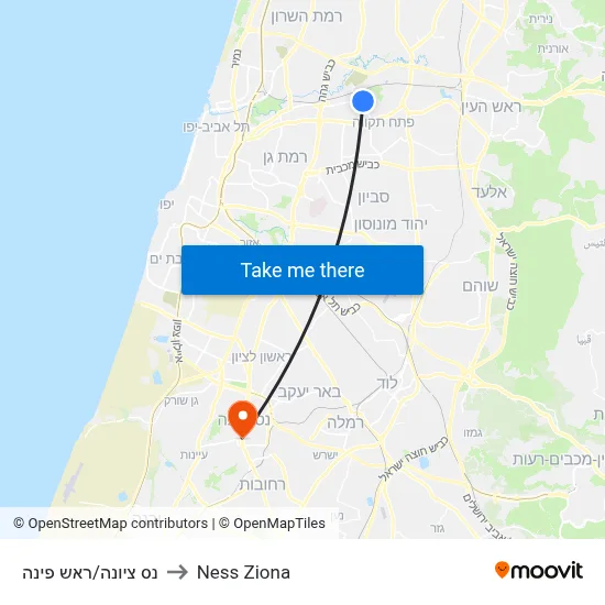 נס ציונה/ראש פינה to Ness Ziona map