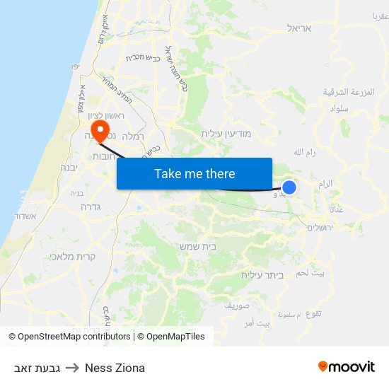 גבעת זאב to Ness Ziona map