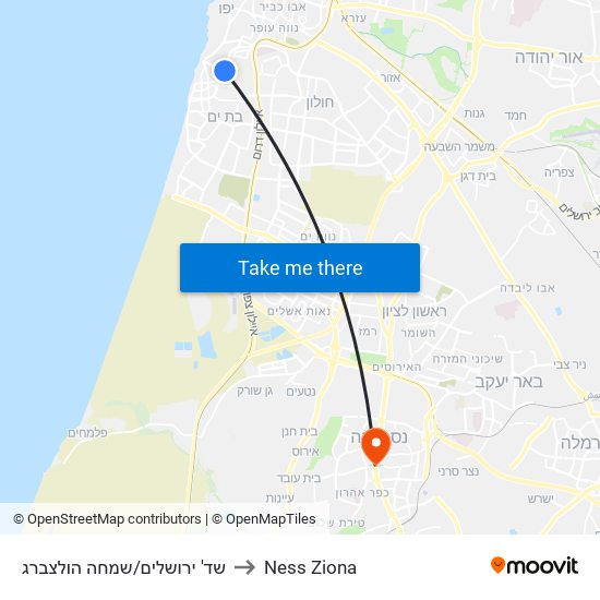 שד' ירושלים/שמחה הולצברג to Ness Ziona map