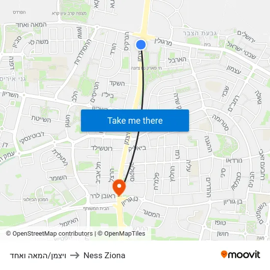 ויצמן/המאה ואחד to Ness Ziona map