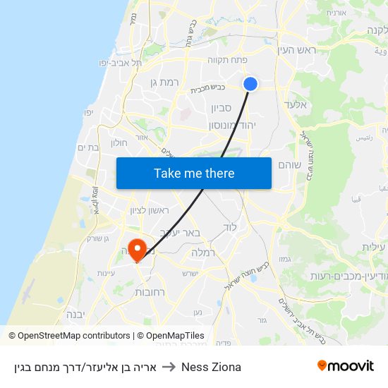 אריה בן אליעזר/דרך מנחם בגין to Ness Ziona map