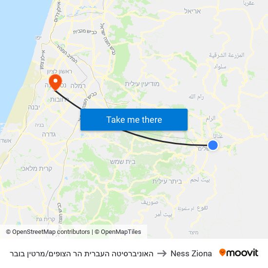 האוניברסיטה העברית הר הצופים/מרטין בובר to Ness Ziona map