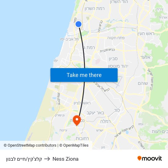 קלצ'קין/חיים לבנון to Ness Ziona map
