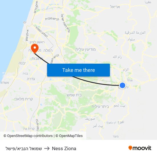 שמואל הנביא/פישל to Ness Ziona map