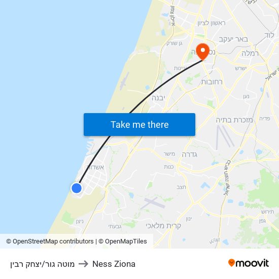 מוטה גור/יצחק רבין to Ness Ziona map