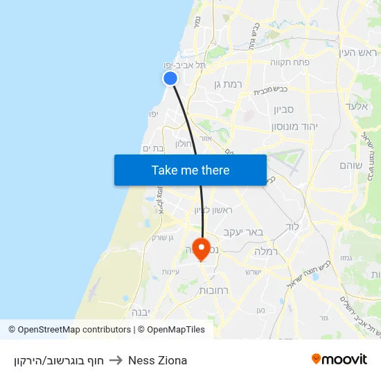 חוף בוגרשוב/הירקון to Ness Ziona map