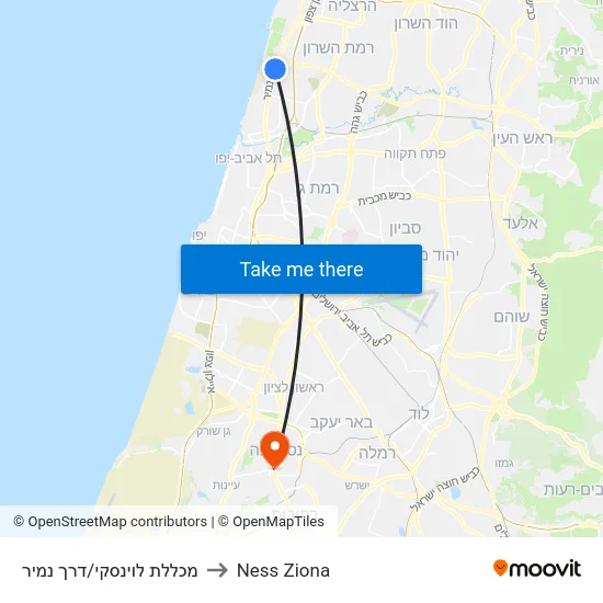Levinsky College/Namir Road to Ness Ziona map