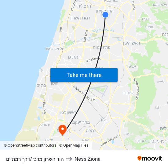 הוד השרון מרכז/דרך רמתיים to Ness Ziona map