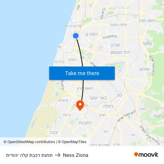 תחנת רכבת קלה יהודית to Ness Ziona map