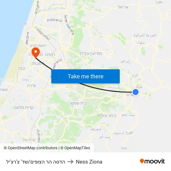 הדסה הר הצופים/שד' צ'רצ'יל to Ness Ziona map