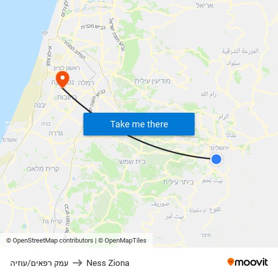 עמק רפאים/עוזיה to Ness Ziona map