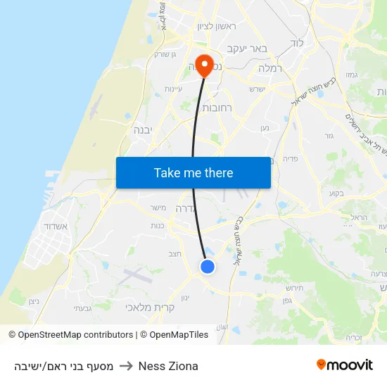 Bnei Re'em Junction/Yeshiva to Ness Ziona map