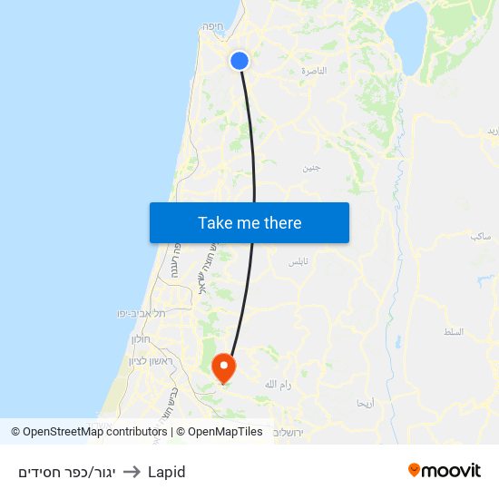 יגור/כפר חסידים to Lapid map
