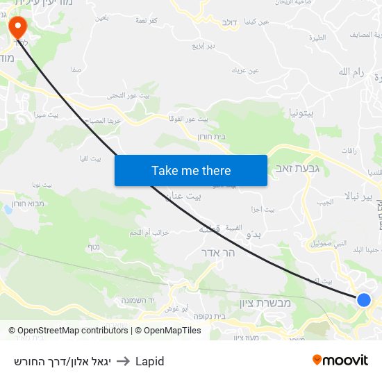 יגאל אלון/דרך החורש to Lapid map