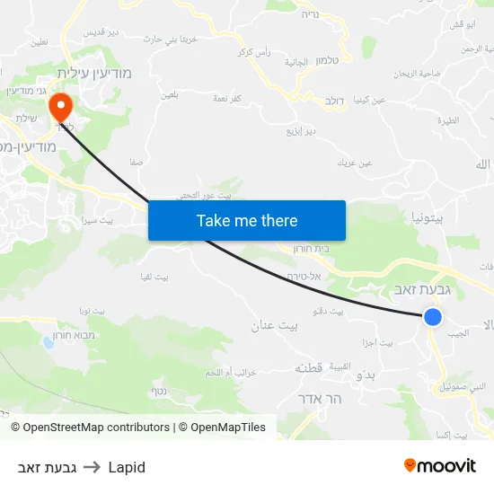 גבעת זאב to Lapid map