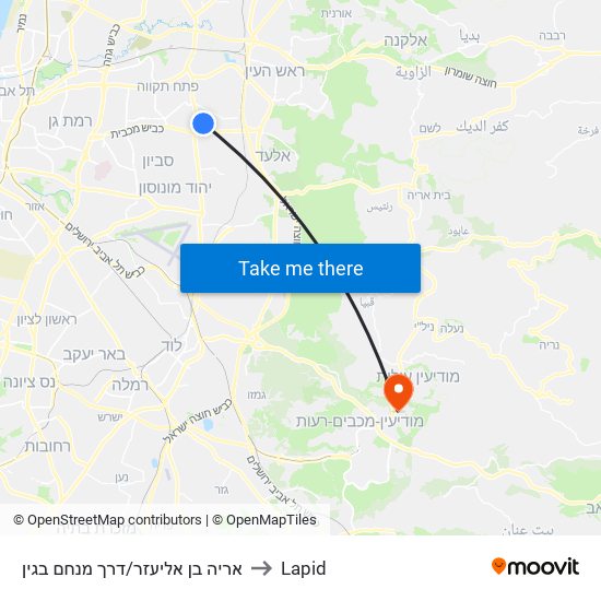 אריה בן אליעזר/דרך מנחם בגין to Lapid map