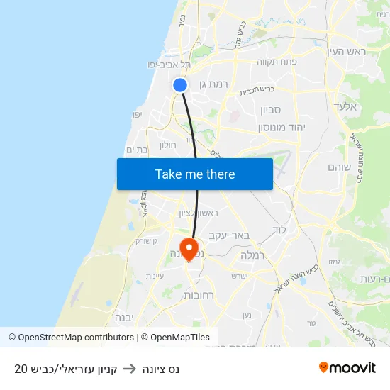 קניון עזריאלי/כביש 20 to נס ציונה map