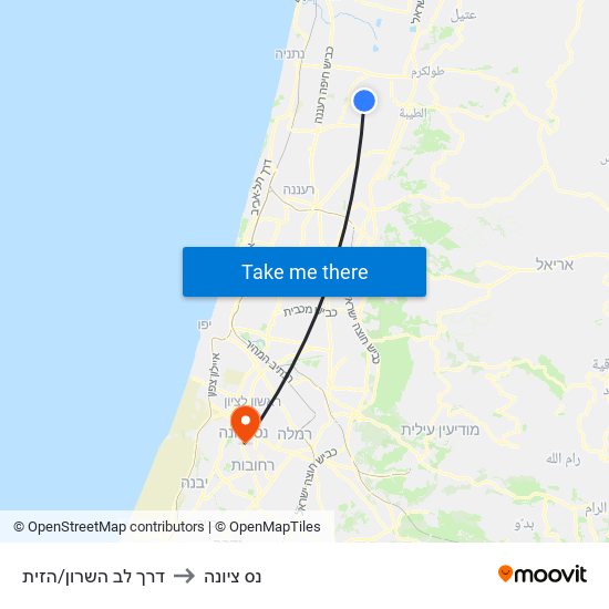 דרך לב השרון/הזית to נס ציונה map