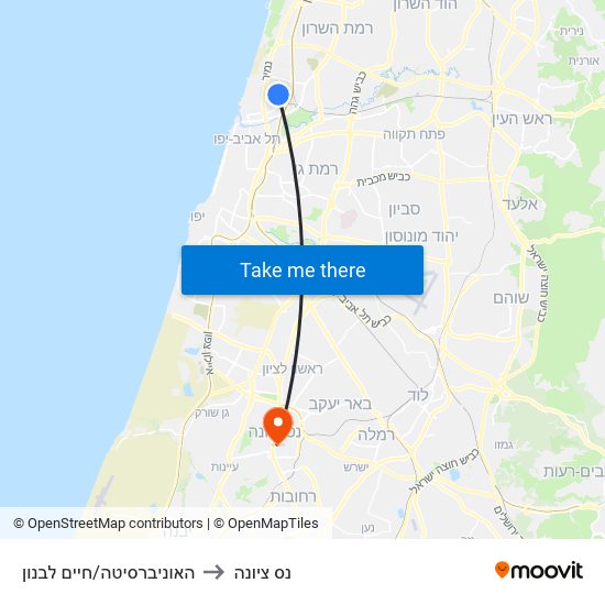 האוניברסיטה/חיים לבנון to נס ציונה map