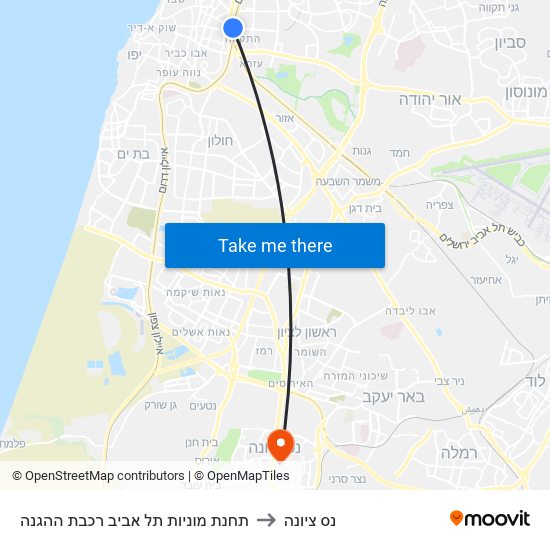 תחנת מוניות תל אביב רכבת ההגנה to נס ציונה map