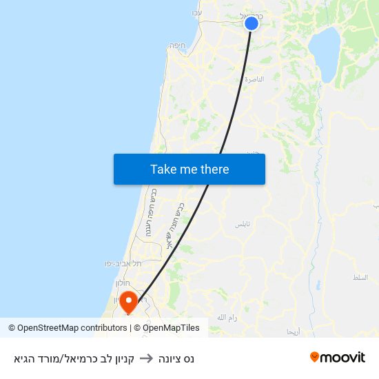 קניון לב כרמיאל/מורד הגיא to נס ציונה map